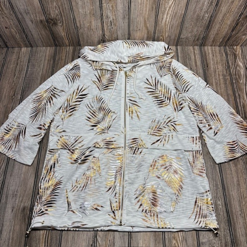 Coral Bay Womens Large White Gold Metallic Palm Leaf Full Zip Hoodie Jacket L